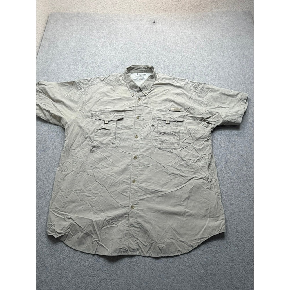 Columbia PFG Mens Tan Short Sleeve Fishing Shirt Nylon Mesh Back Vent Large